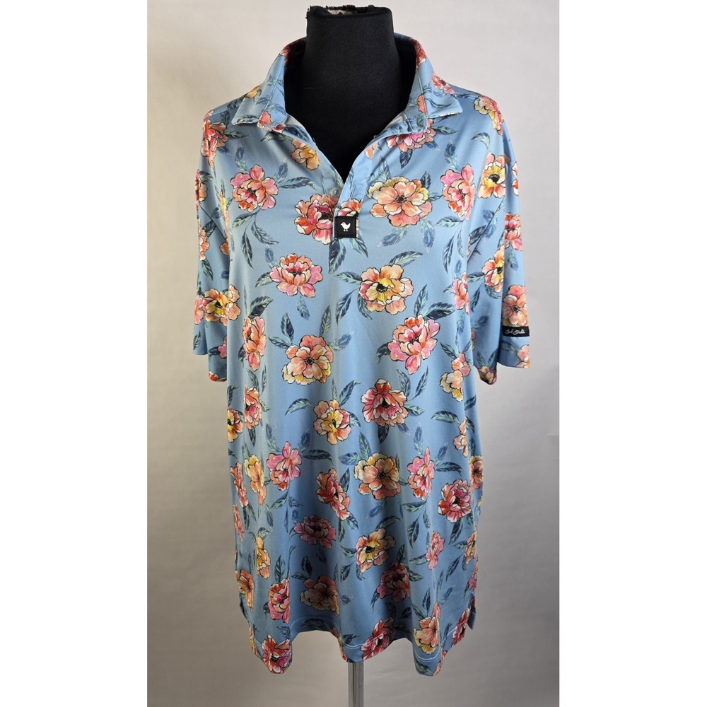 Bad Birdie Golf Polo Shirt Large, Men's Tropical Floral Performance Blue